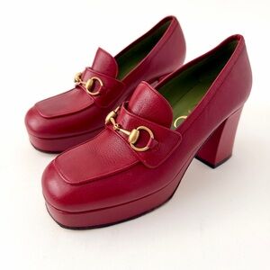 GUCCI | Red Leather Houdan Horsebit Platform Loafers Pumps Heels 39.5